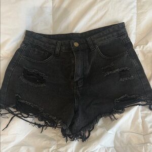 SHEIN Black Jean Shorts with Distressed Frayed Hem
